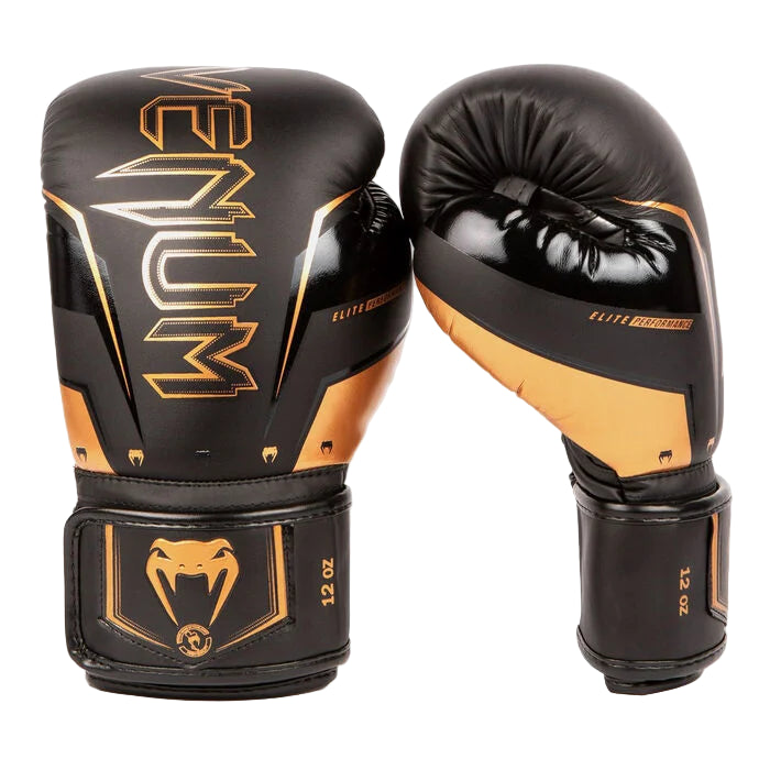 Black and gold boxing gloves with brand logo on a white background